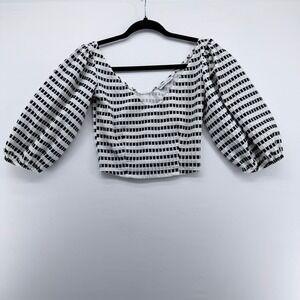 Zara Basic Black White Gingham Puff Sleeve Crop Top Seersucker V-Neck Small